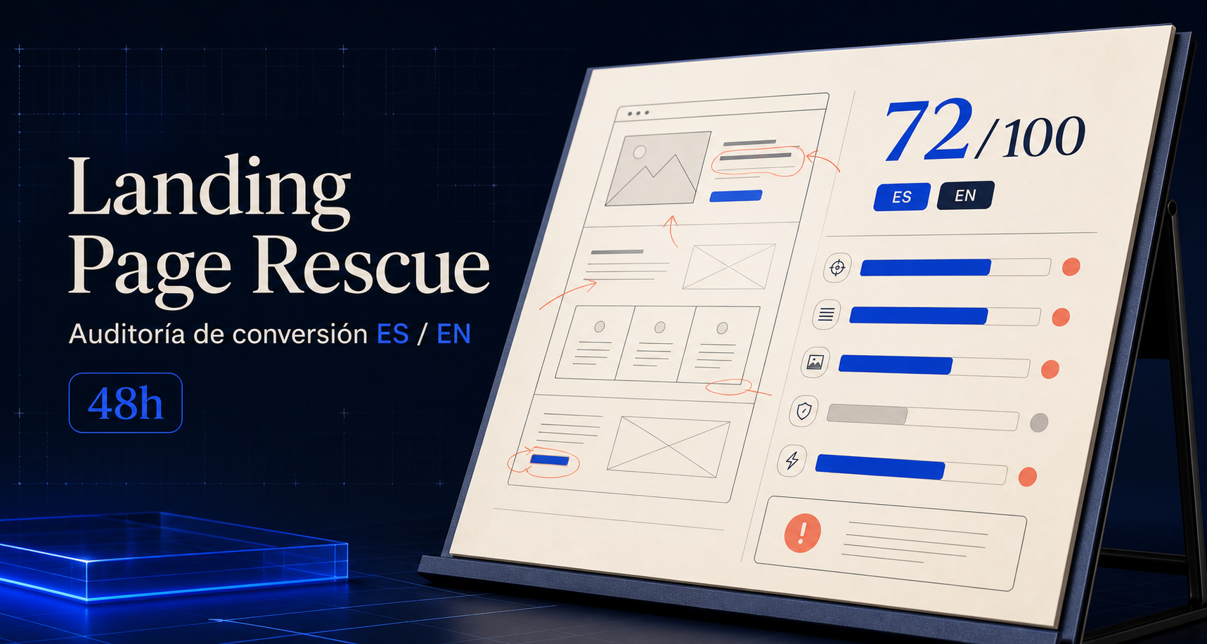 Landing Page Rescue sample report with a 72 out of 100 conversion scorecard
