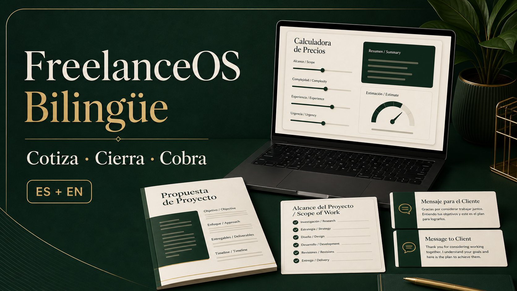 Vista de FreelanceOS Bilingüe con calculadora, propuesta y guiones